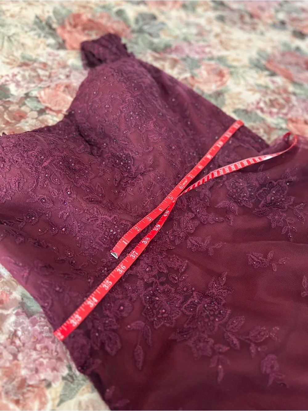 Montage by Mon Cheri Deep Burgundy Lace Maxi Gown